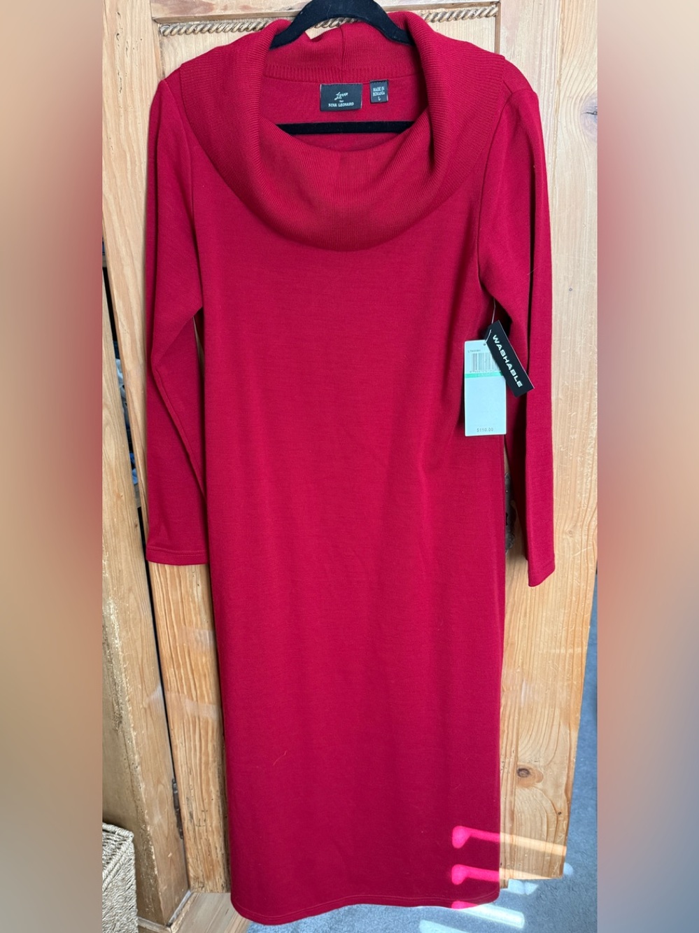Lennie By Nina Leonard Crimson Red Long-Sleeve Cowl Neck Knit Dress